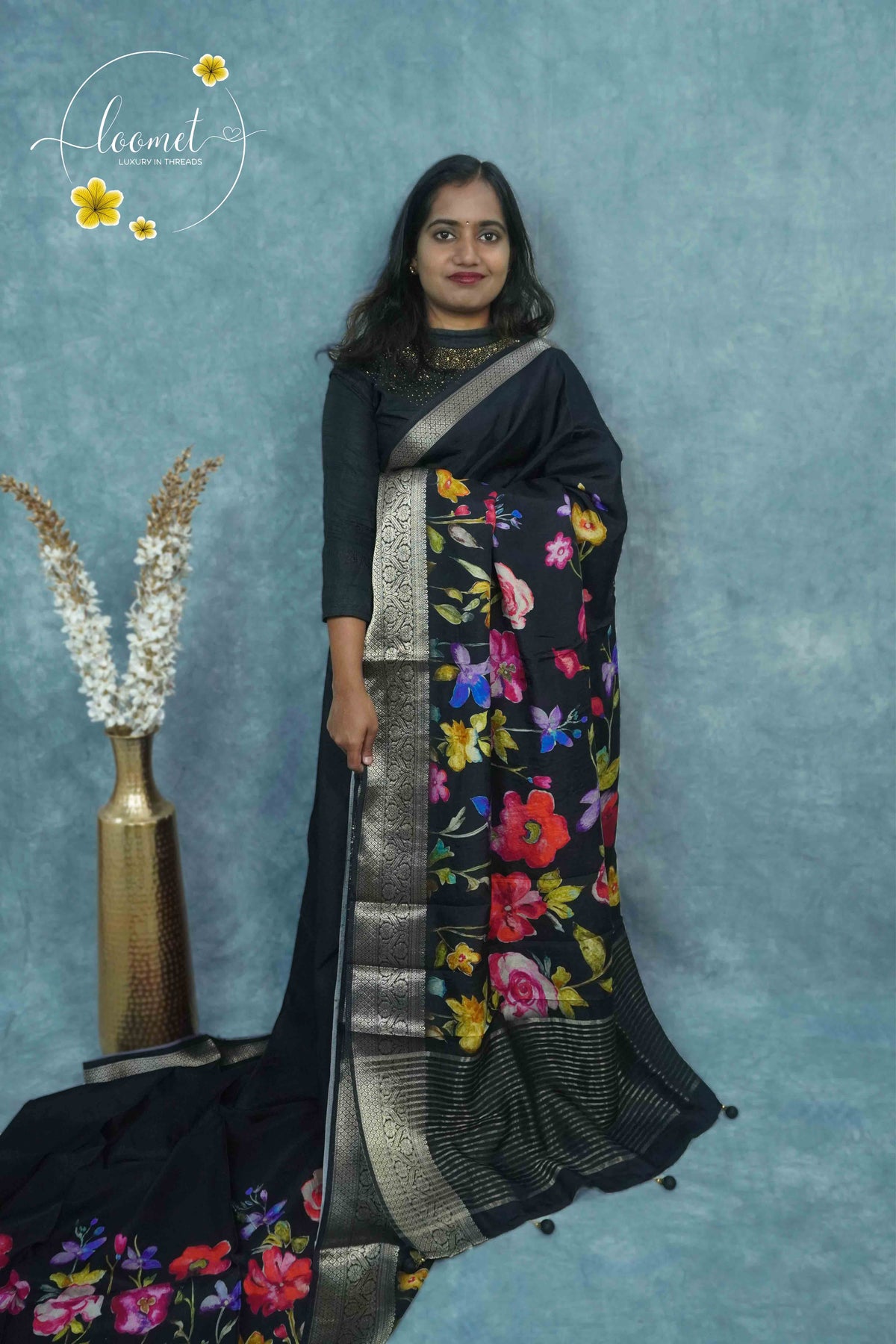 AJF1221 Jet Black Viscose saree with hand-painted style floral motifs.