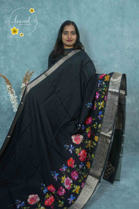 AJF1221 Jet Black Viscose saree with hand-painted style floral motifs.