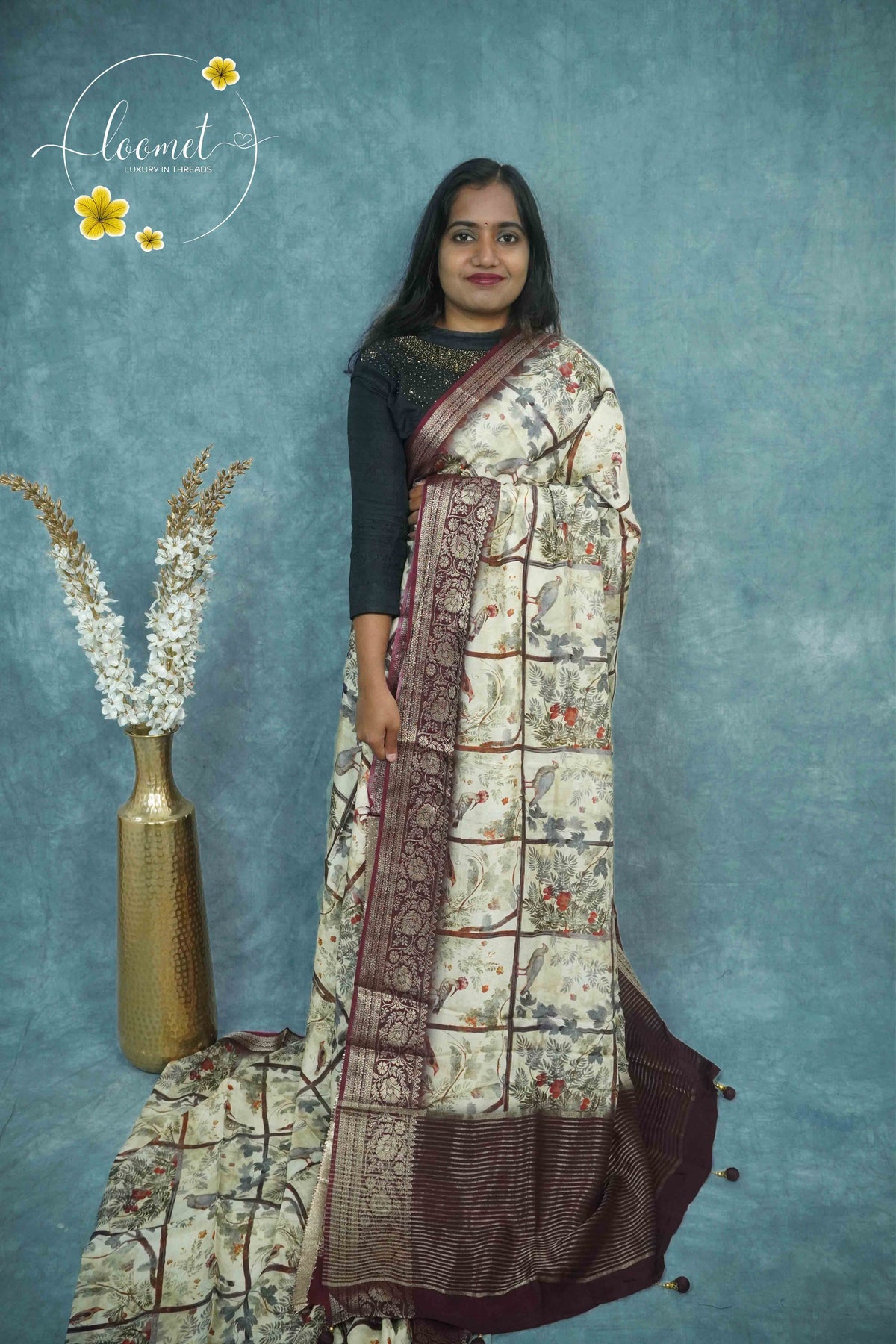 AJF1421 Cream and wine Viscose saree with nature-inspired prints & Box pattern.