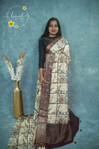 AJF1421 Cream and wine Viscose saree with nature-inspired prints & Box pattern.
