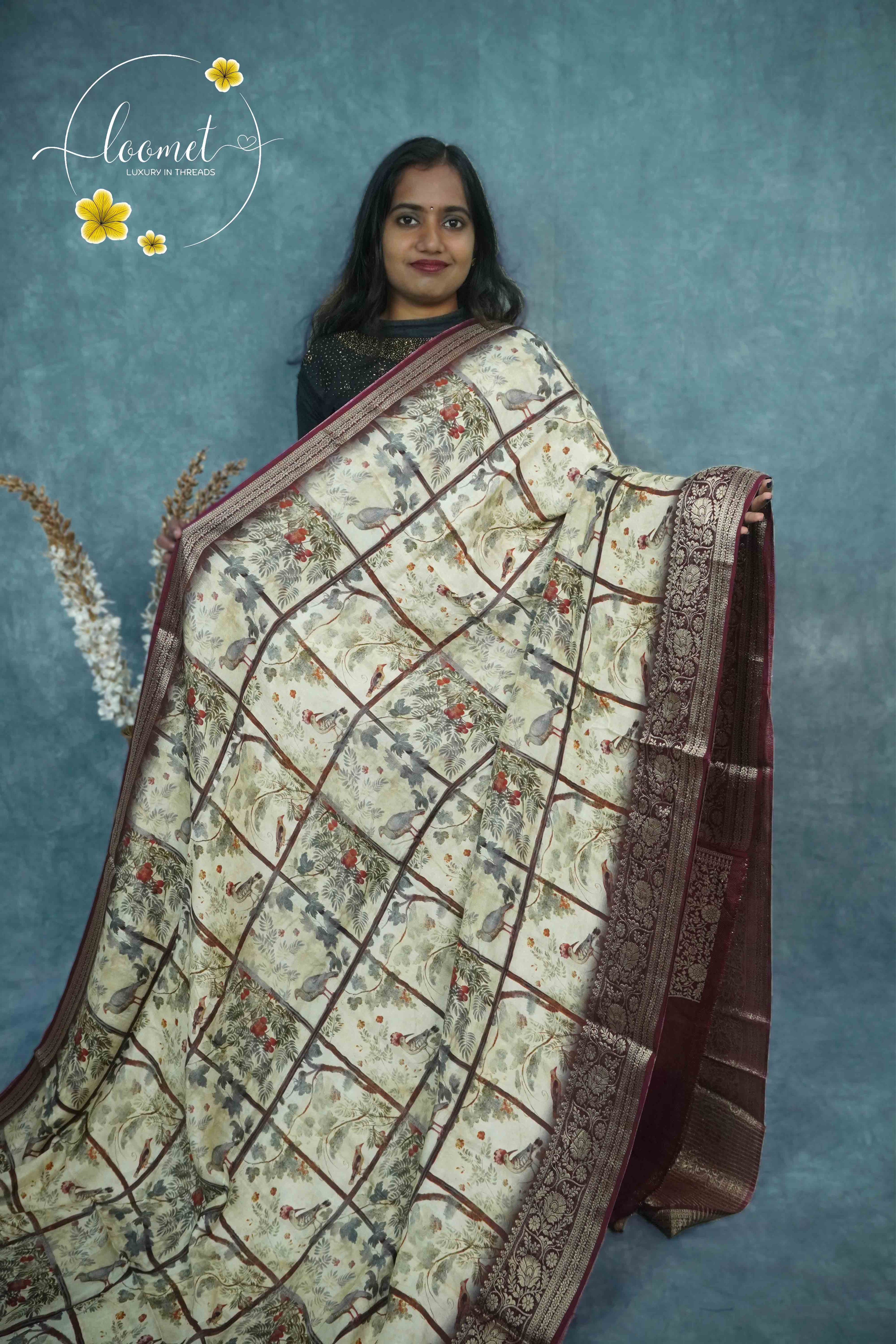 AJF1421 Cream and wine Viscose saree with nature-inspired prints & Box pattern.