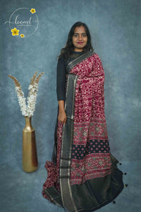 AJF1521 Brick Red and Charcoal Black Viscose saree with abstract batik-style prints.