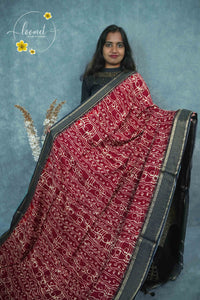 AJF1521 Brick Red and Charcoal Black Viscose saree with abstract batik-style prints.