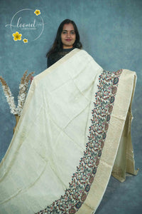 AJF1621 Off-White Viscose saree with Hand-Painted Kalamkari motifs.