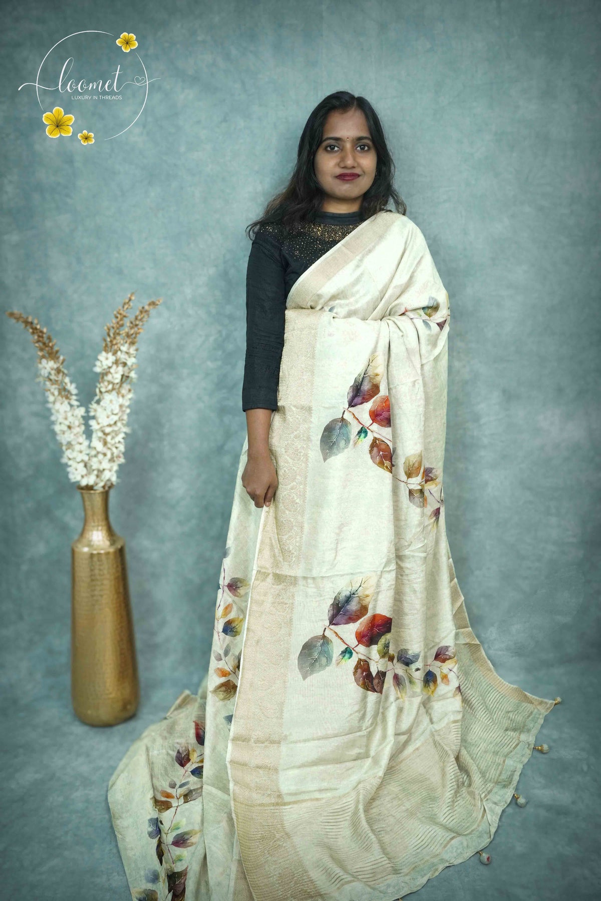 AJF1721 Off-White Viscose saree with Digital Leafy vines pattern.
