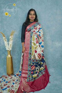 AJF1821 Cream Viscose saree features Kalamkari floral motifs with crimson Banarasi zari border.