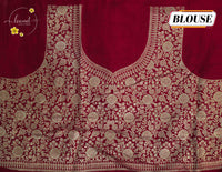 AJF1821 Cream Viscose saree features Kalamkari floral motifs with crimson Banarasi zari border.