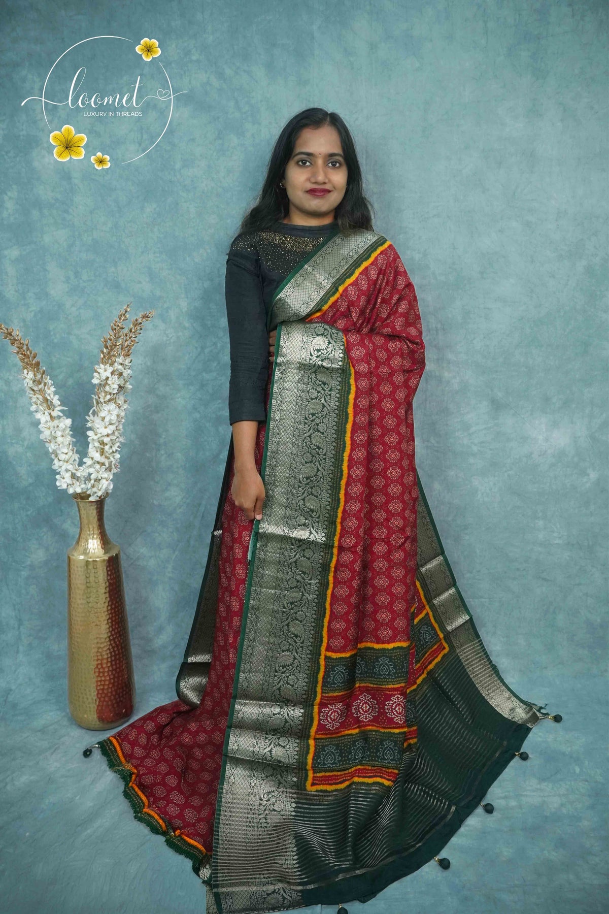 AJF2121 Maroon Viscose saree with Bandhani-inspired floral buttas.