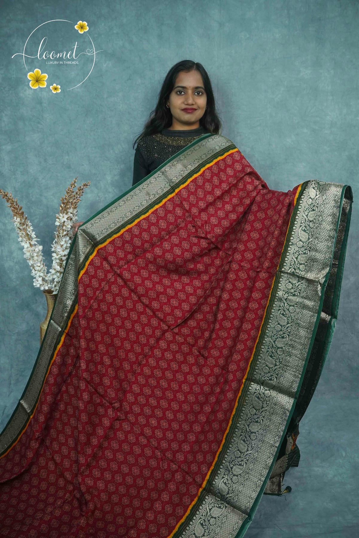AJF2121 Maroon Viscose saree with Bandhani-inspired floral buttas.