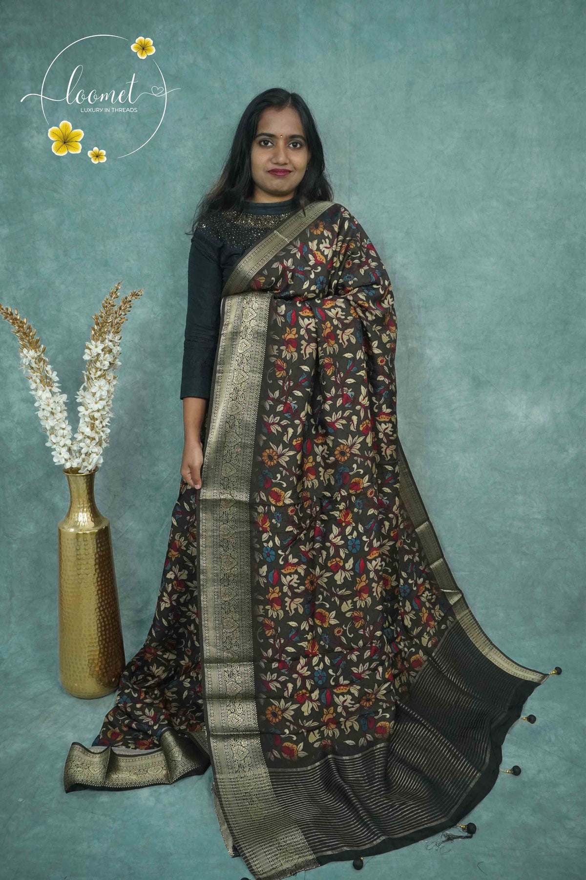 AJF2131 Coffee Brown Viscose saree with all-over intricate floral vine prints.