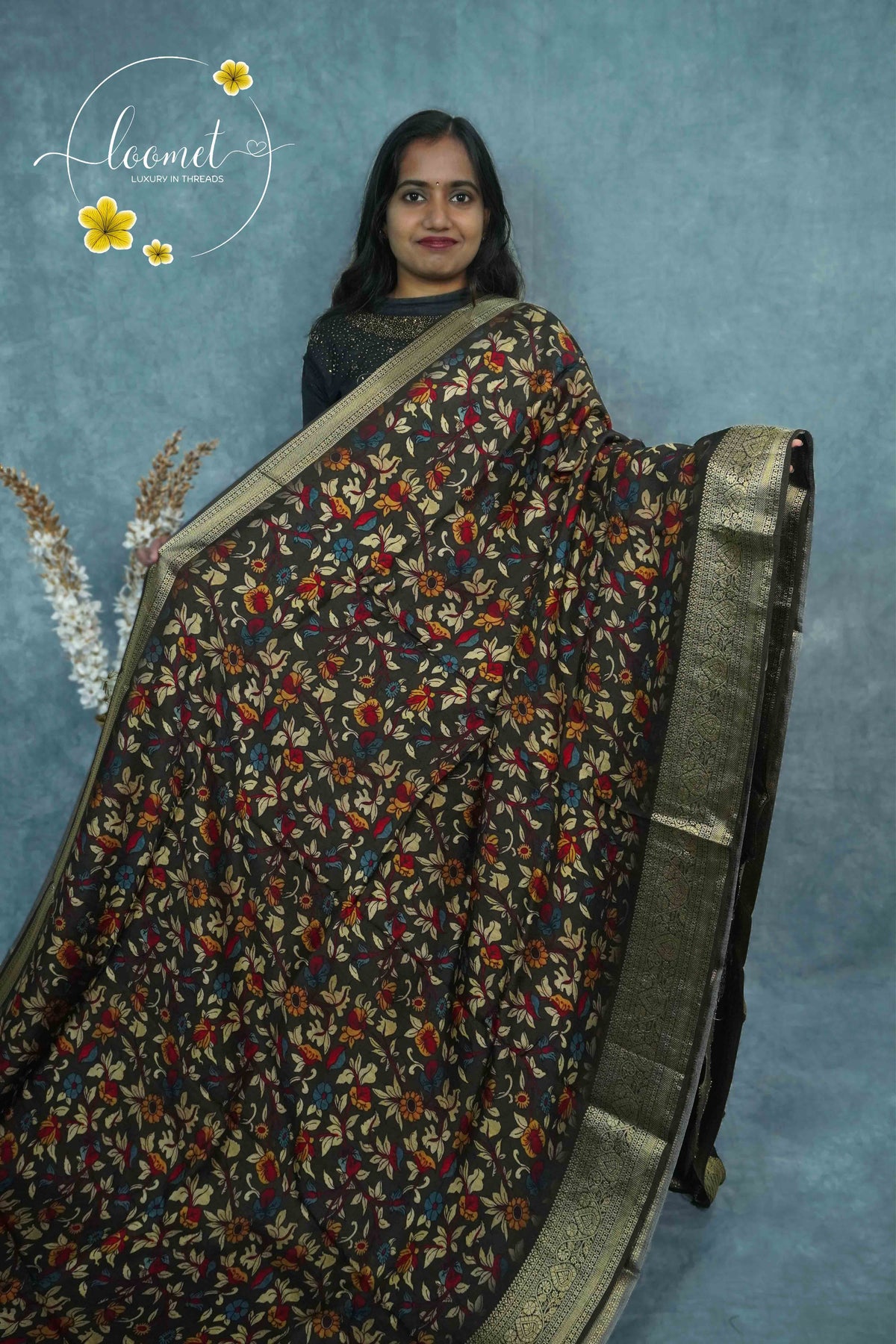 AJF2131 Coffee Brown Viscose saree with all-over intricate floral vine prints.