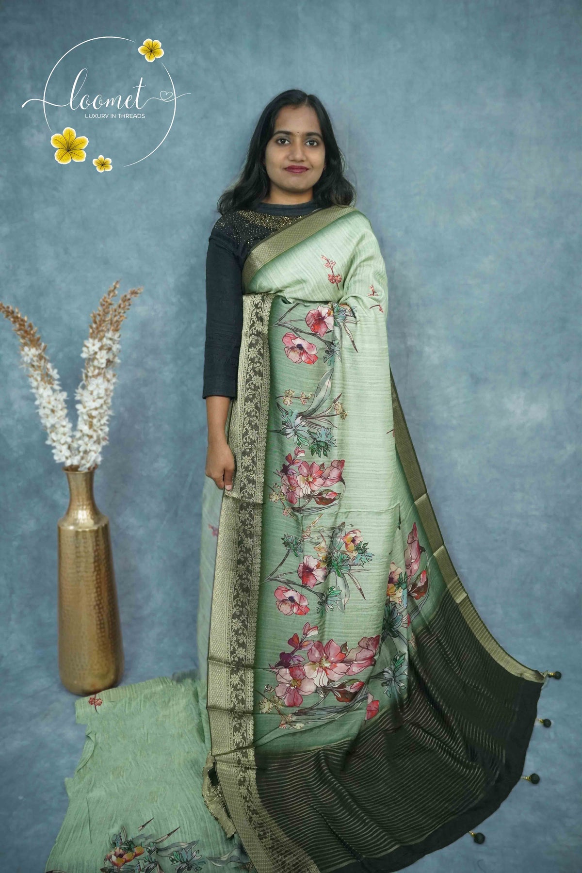 AJF2141 Sage Green Viscose saree with Digital Floral Print.