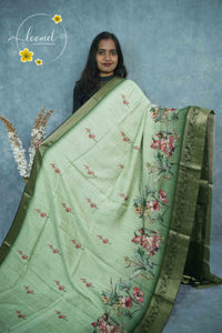 AJF2141 Sage Green Viscose saree with Digital Floral Print.