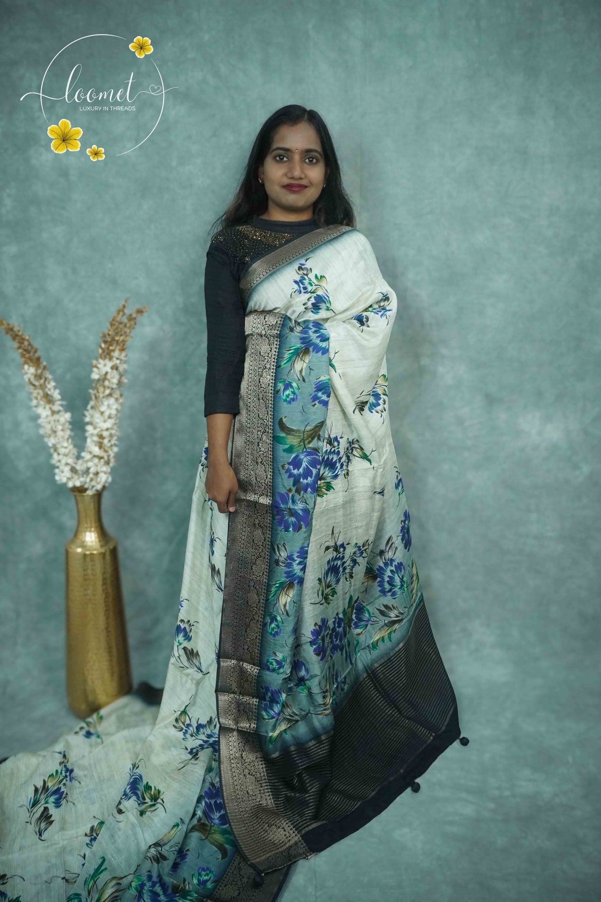 AJF2151 Silver-toned Viscose saree with hand-painted style floral prints.