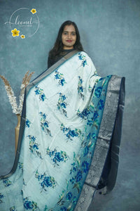AJF2151 Silver-toned Viscose saree with hand-painted style floral prints.