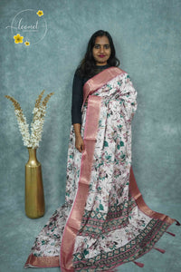AJF3182 Blush Pink Viscose saree with all-over contemporary floral prints.
