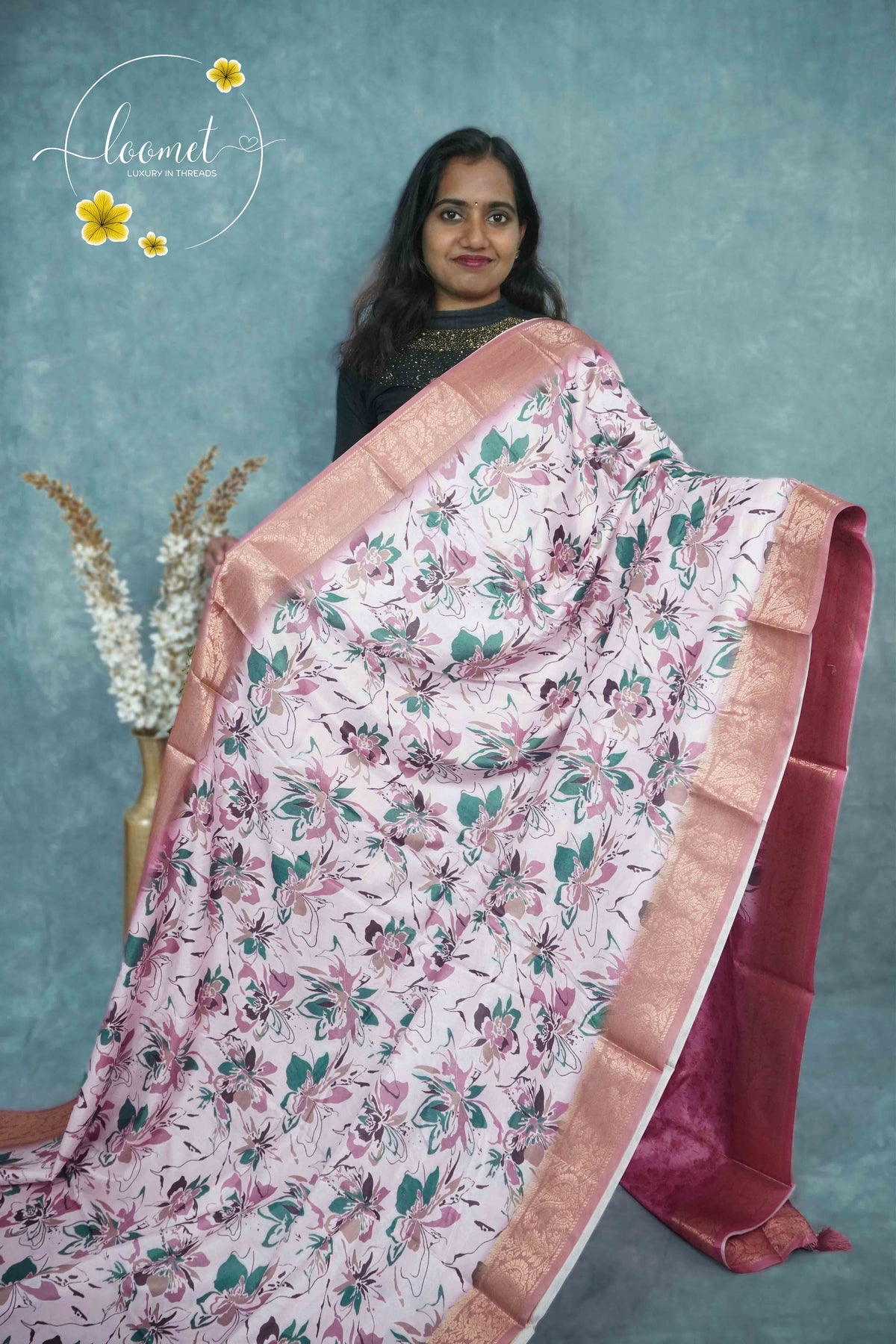 AJF3182 Blush Pink Viscose saree with all-over contemporary floral prints.