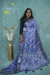 AJF3185 Royal Blue Viscose saree with all-over Botanical Leaf Print.