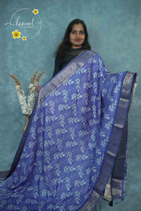 AJF3185 Royal Blue Viscose saree with all-over Botanical Leaf Print.