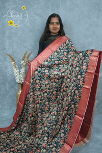 AJF3186 Black Viscose saree features kalamkari floral motifs with banarasi zari border.