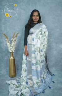 AJF3187 Off-White Viscose saree features pastel geometric prints and silver banarasi zari border.
