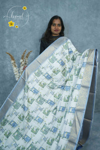 AJF3187 Off-White Viscose saree features pastel geometric prints and silver banarasi zari border.