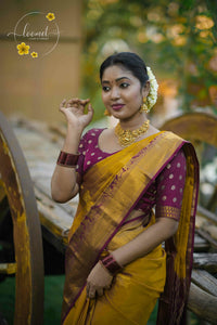 LSK6111 Mustard Yellow and Maroon contrast silk saree with pallakku design and gold zari border.
