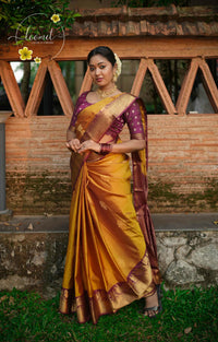 LSK6111 Mustard Yellow and Maroon contrast silk saree with pallakku design and gold zari border.