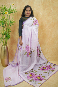 APL0202 Pastel Lavender Semi Organza saree featuring digital floral printed with scalloped gold border.