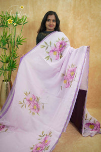 APL0202 Pastel Lavender Semi Organza saree featuring digital floral printed with scalloped gold border.