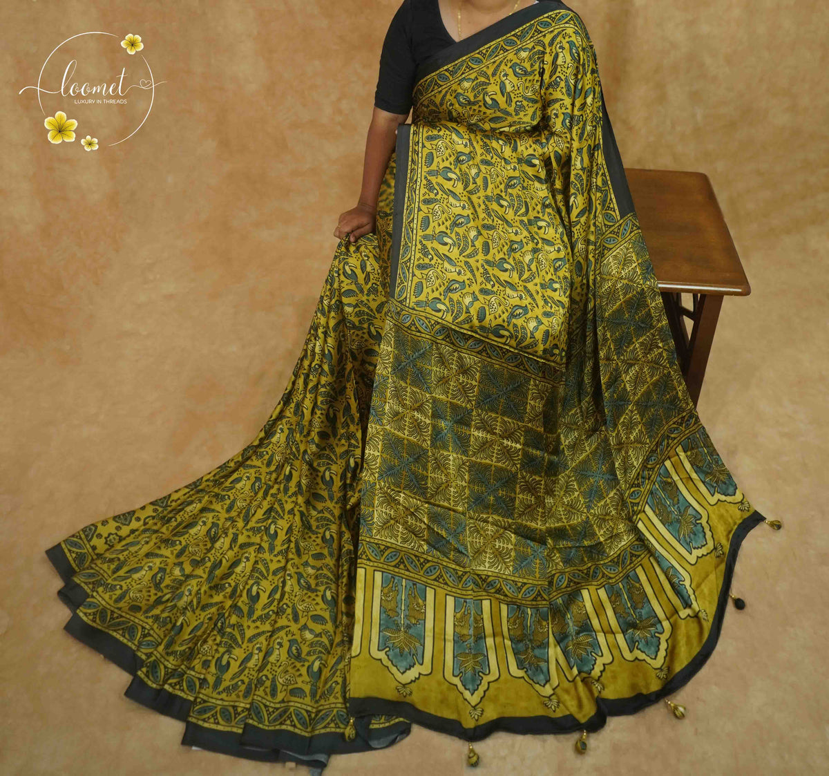 APL0301 Mustard Gold & Charcoal Semi Modal Silk with traditional bird motifs and jharokha pallu.