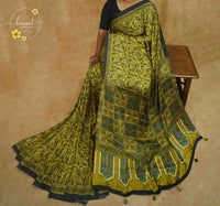 APL0301 Mustard Gold & Charcoal Semi Modal Silk with traditional bird motifs and jharokha pallu.
