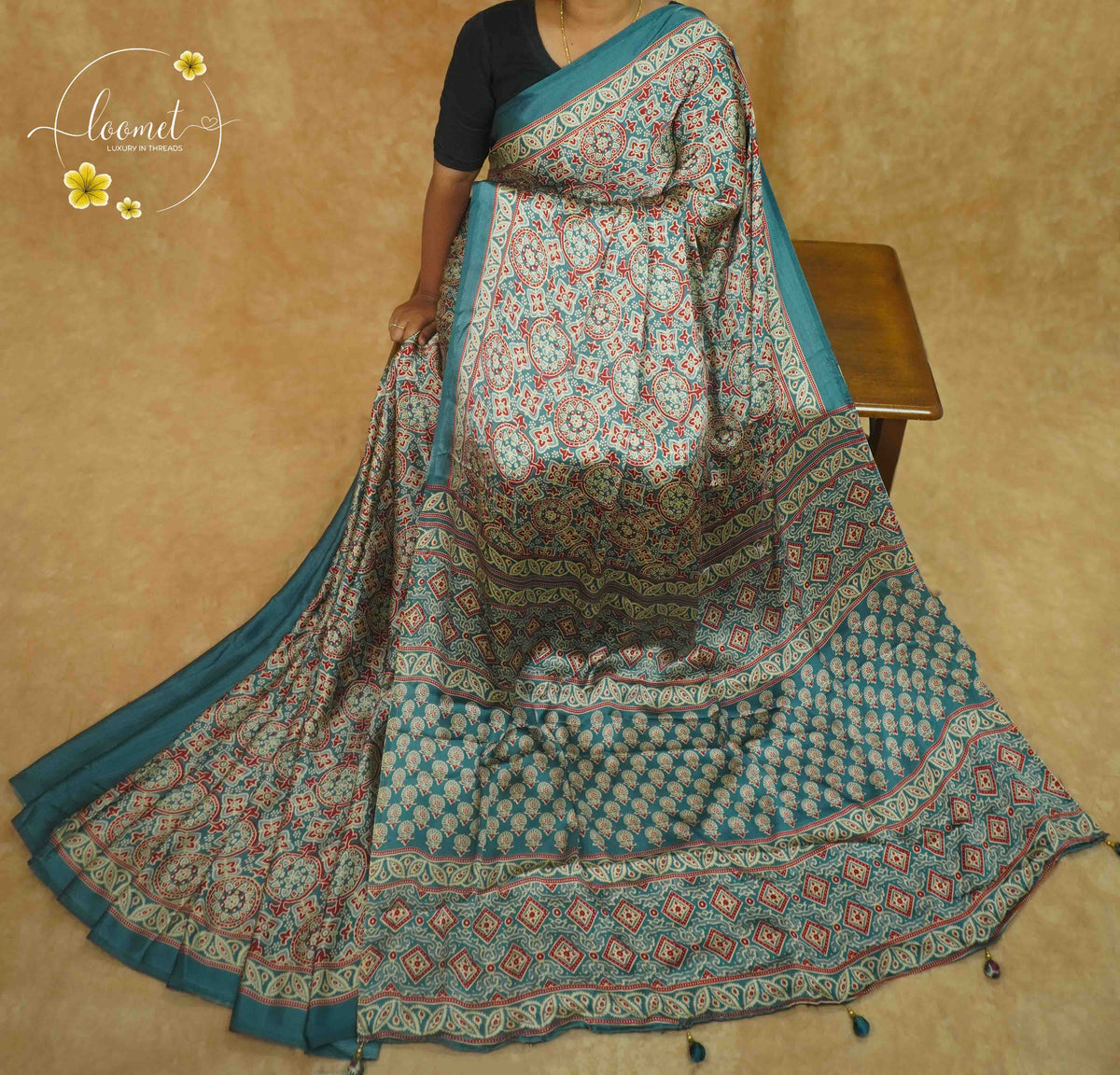 APL0304 Ocean Teal & Terracotta Semi Modal Silk with Ornate Mandala Motifs and Tassels.
