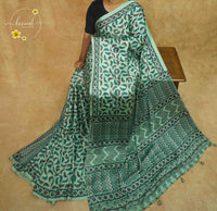 APL0305 Seafoam Mint & Slate Teal Semi Modal Silk with feathered leaf prints and circular medallion borders.