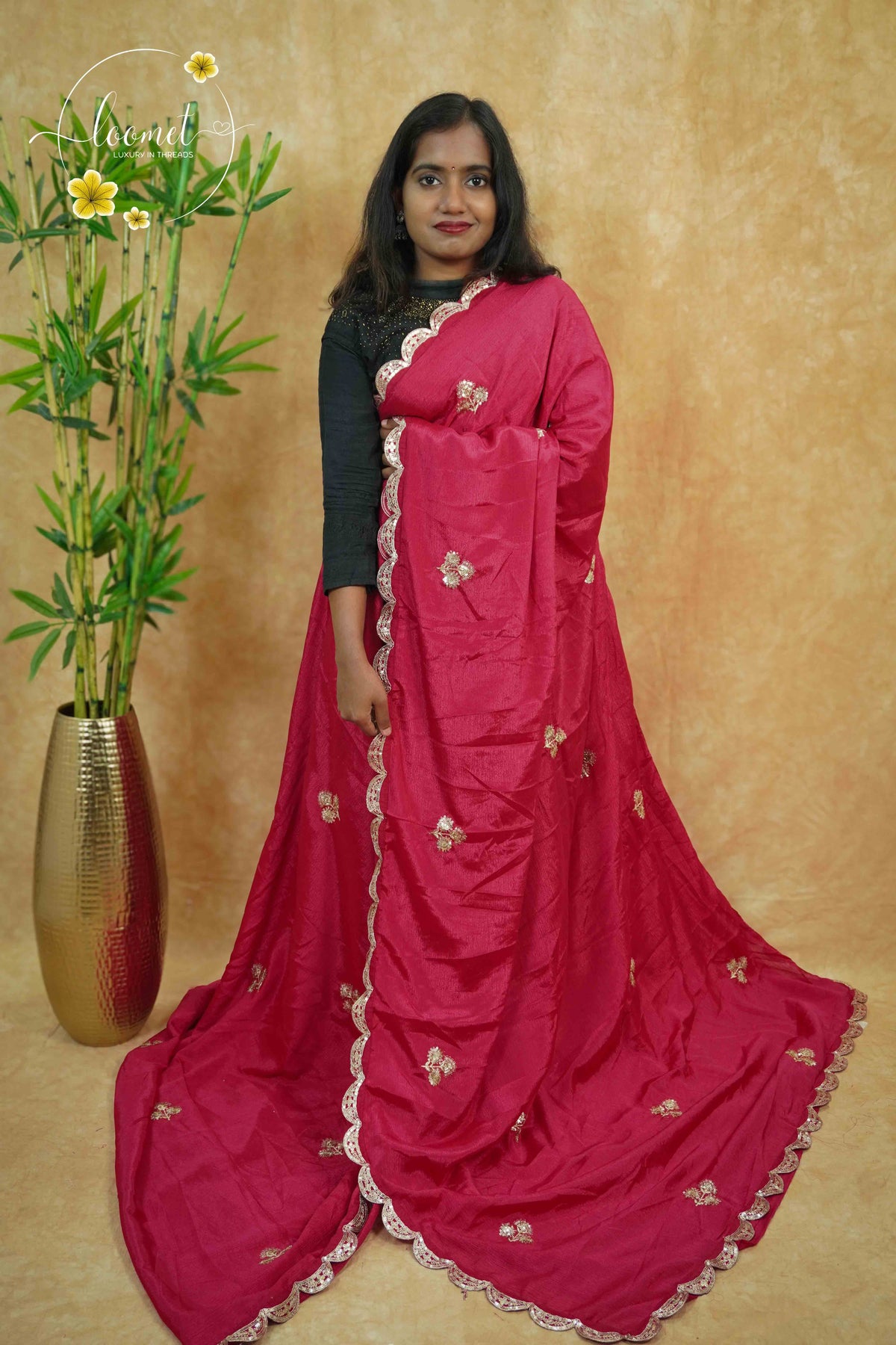APL0501 Deep Crimson Chinnon saree with zardosi-style floral buttas and scalloped cutwork border.