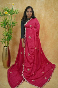 APL0501 Deep Crimson Chinnon saree with zardosi-style floral buttas and scalloped cutwork border.