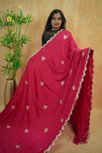 APL0501 Deep Crimson Chinnon saree with zardosi-style floral buttas and scalloped cutwork border.