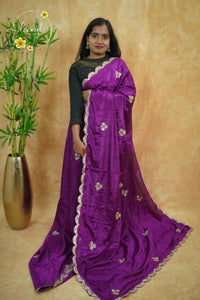 APL0502 Deep Purple Chinnon saree with zardosi-style floral buttas and scalloped cutwork border.