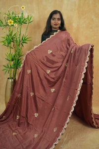APL0503 Antique Rose Chinnon saree with zardosi-style floral buttas and scalloped cutwork border.