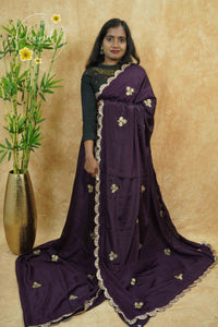 APL0504 Deep Wine Chinnon saree with zardosi-style floral buttas and scalloped cutwork border.