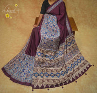 APL0601 Deep Plum Wine Semi Modal Silk with indigo blue ajrakh pallu and elephant motifs.