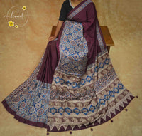 APL0601 Deep Plum Wine Semi Modal Silk with indigo blue ajrakh pallu and elephant motifs.