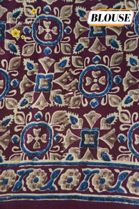APL0601 Deep Plum Wine Semi Modal Silk with indigo blue ajrakh pallu and elephant motifs.