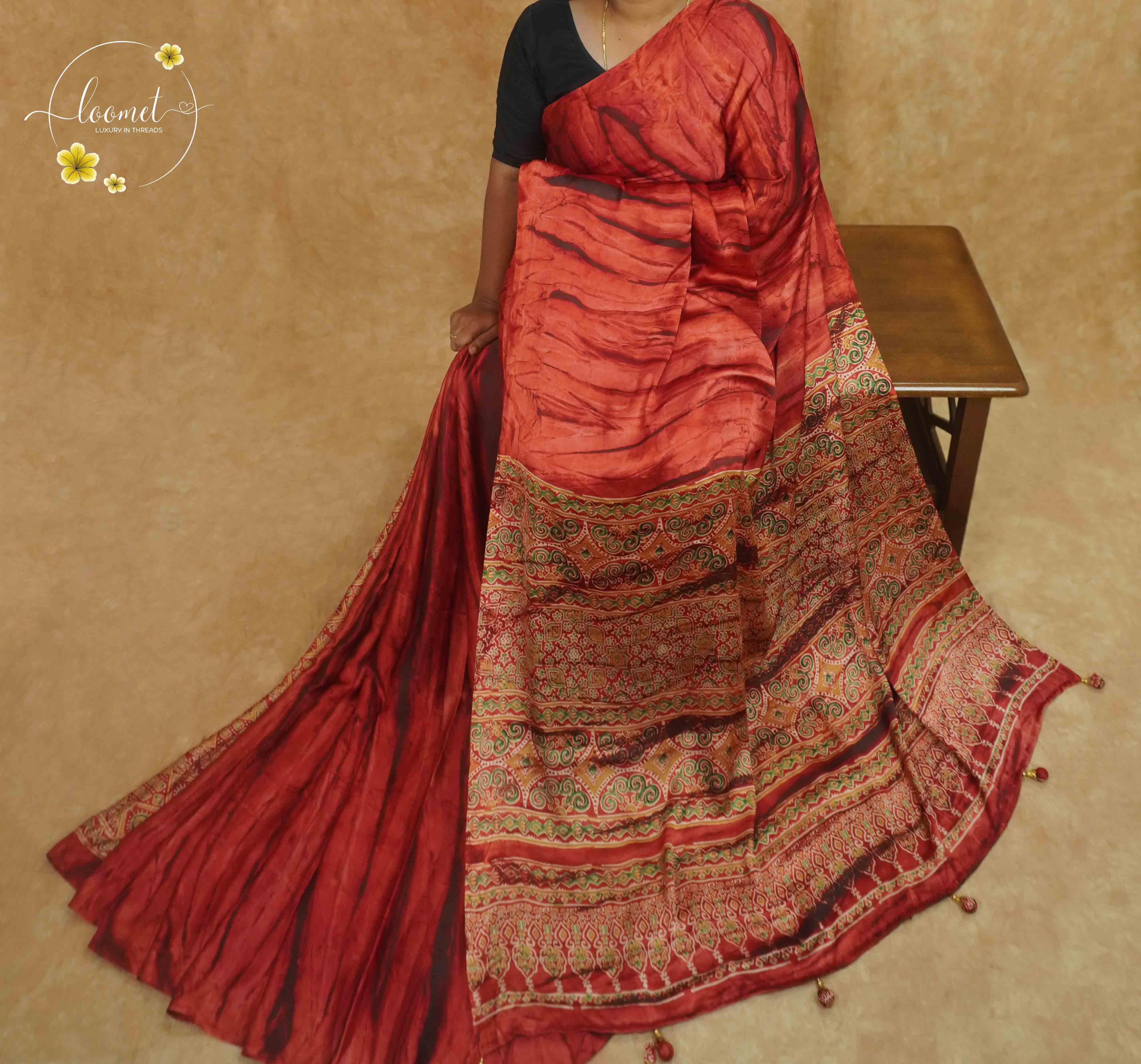 APL0702 Rust Red Semi Modal Silk with Intricate ajrakh block printed pallu.
