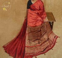 APL0702 Rust Red Semi Modal Silk with Intricate ajrakh block printed pallu.
