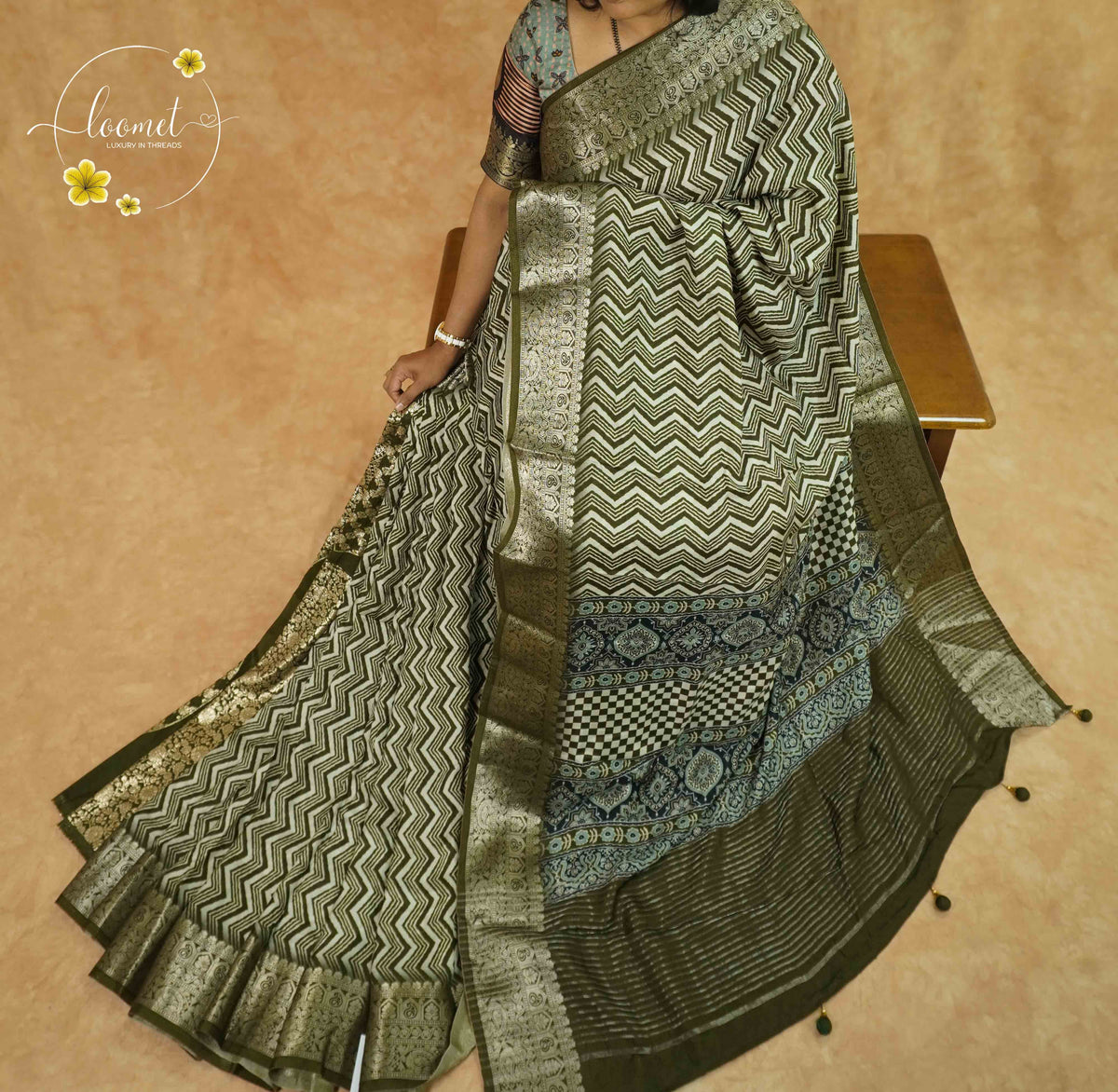 APL10101 Olive Moss Viscose saree with Zig-Zag (Chevron) Print.