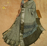 APL10101 Olive Moss Viscose saree with Zig-Zag (Chevron) Print.