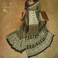 APL1011 Olive green semi modal silk saree with Ajrakh print and handcrafted Mirror work
