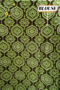 APL1011 Olive green semi modal silk saree with Ajrakh print and handcrafted Mirror work