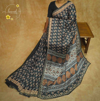 APL1021 Black & Rust Semi Modal Silk with ajrakh print intricate geometric fan prints and gota patti.